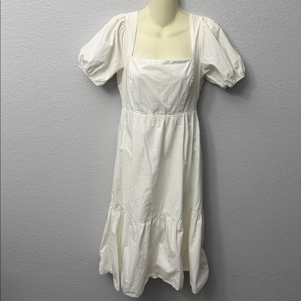 ASTR the Label Poplin Puff Sleeve Tiered White Midi Dress